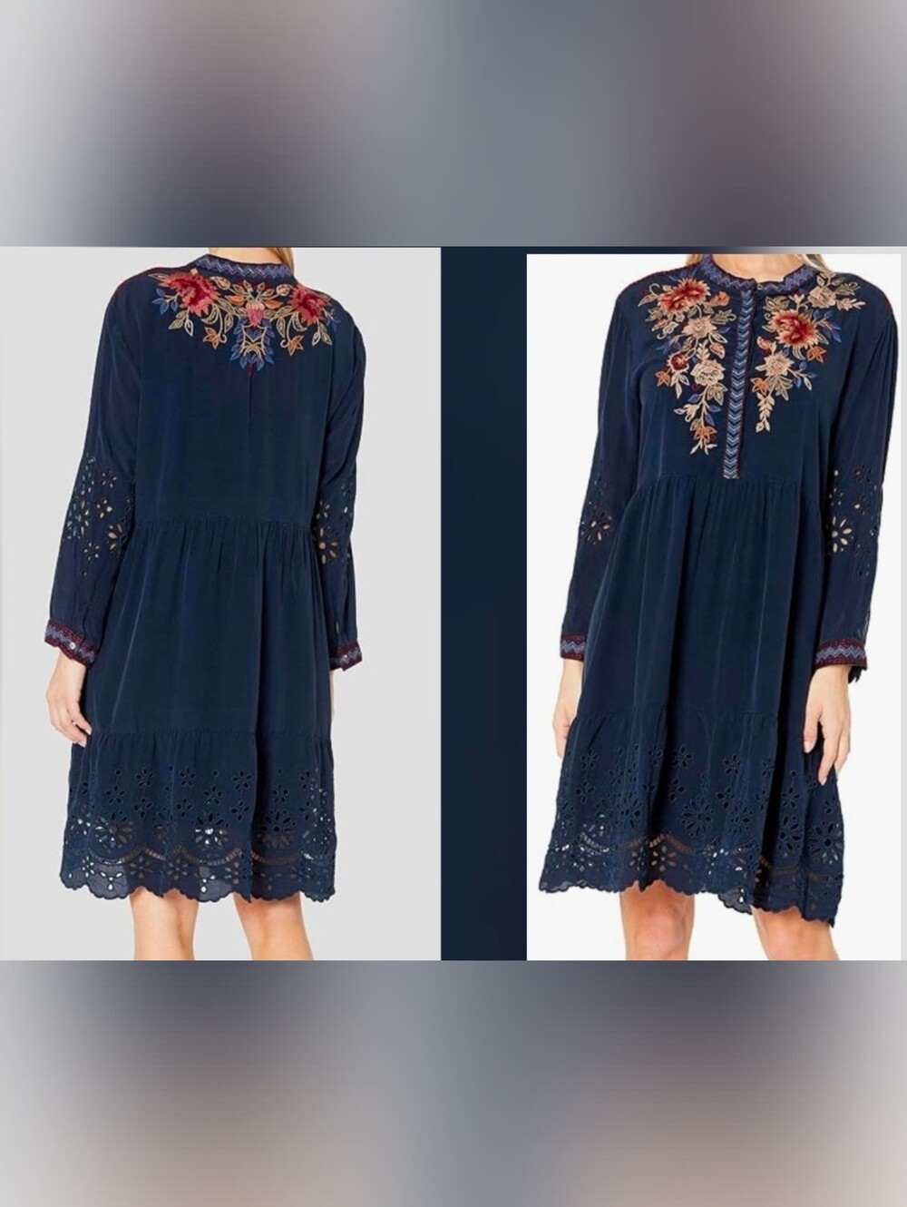 Johnny Was Navy Blue Silk Embroidered Floral Long-Sleeve Dress XL Eyelet Detail